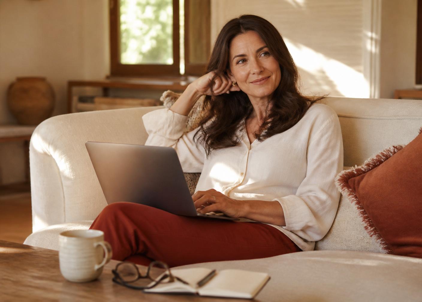 A woman relaxing on the couch with her laptop, exploring new income opportunities at home